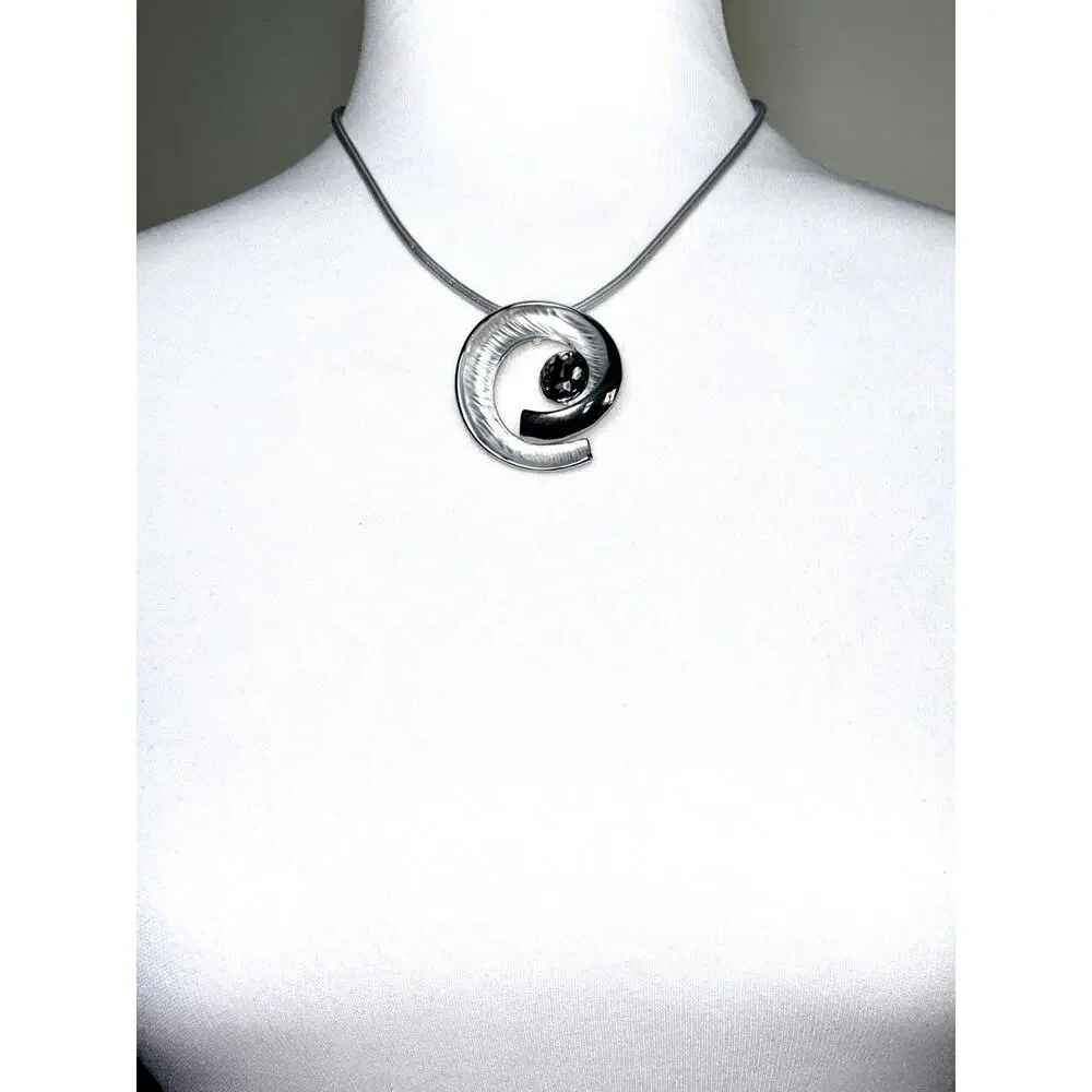 Silver Tone Textured Spiral Pendant Smoky Crystal Statement Necklace EUC